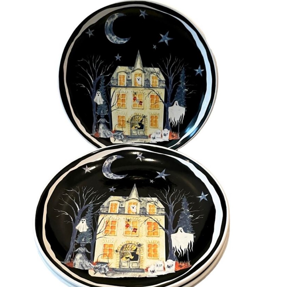 Potter's Studio Halloween HAUNTED HOUSE Salad Plates Set of 4 Witch Ghost New